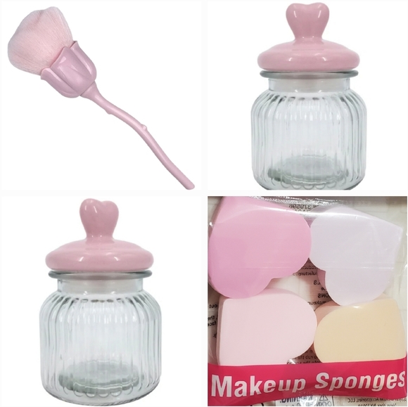 Beauty Bundle 2 Glass Containers w/ 💗 Lid, 🌹Stem Makeup Brush💗Beauty Blenders - Picture 1 of 16